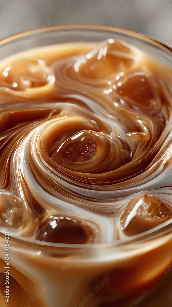 Poster swirling caramel and cream create mesmerizing patterns in iced coffee drink with milk. close up macr