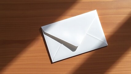 Minimalist white envelope on wooden surface, conveying simplicity and communication under soft lighting.