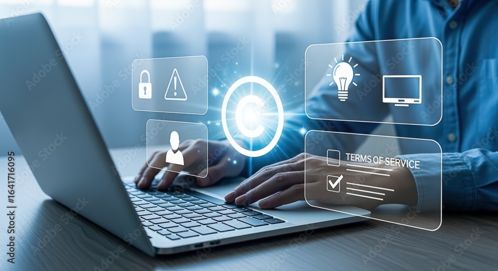 Aufkleber digital security concept: person working on a laptop with transparent security system interface