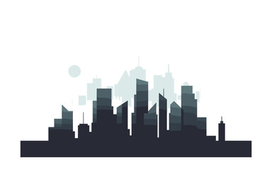 Cityscape Silhouette at Dusk: Minimalist Vector Illustration of Modern Urban Skyline with Moon, Featuring Dark Blue Hues and Contemporary Architectural Design