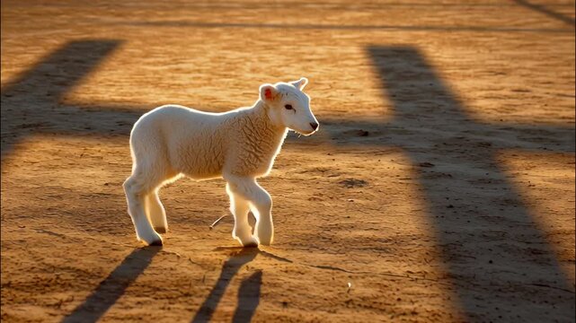 Lamb standing near cross shadow Love during golden sunset, symbolizing religious sacrifice and redemption of easter 4k tradition video christian