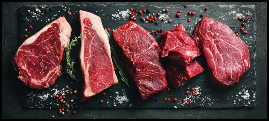 The assortment of fresh premium cuts of beef on a slate board