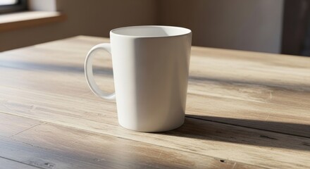 A plain white mug sits on a light wooden table, bathed in natural light.