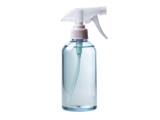 A clear blue plastic spray bottle with a white trigger sprayer, isolated on transparent background