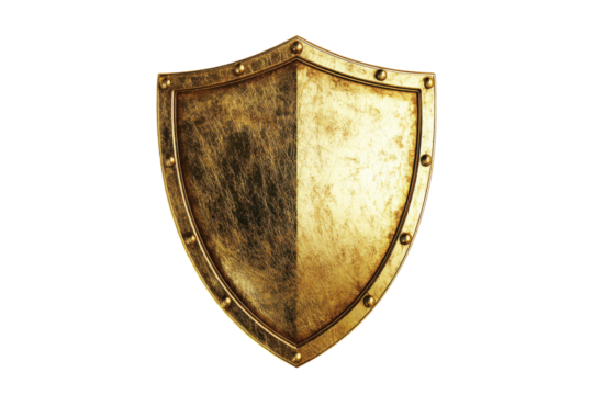Ancient golden knight s shield isolated on transparent background. Round gold shield isolated on a white background.