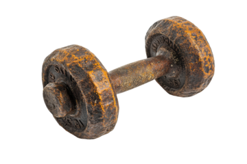 Old rusty dumbbell isolated on transparent background. Rusty iron dumbbell with patina vintage look perfect for rustic gym decor or nostalgic workouts isolated on white background.