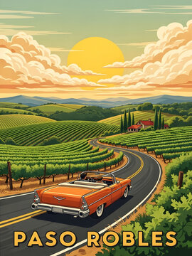 Vintage car driving through paso robles wine country at sunset