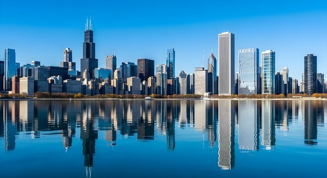 Chicago Skyline Reflection: Stunning Cityscape with Willis Tower and Lake Michigan