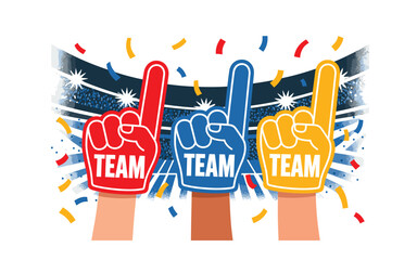 Team Spirit Illustration: Fans Cheering with Foam Fingers in Stadium with Confetti, Highlighting Sports Enthusiasm and Unity, Representing Victory, Celebration, and Support