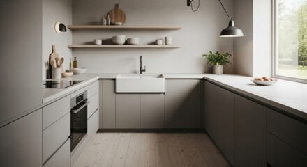 Fototapeta premium Modern minimalist kitchen design with light grey cabinets, white sink, and wooden shelves.