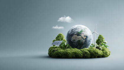 Eco friendly energy concept with Earth, solar panel wind turbine green trees and cloud, symbolizing sustainability and environmental care