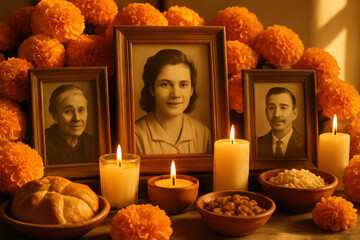 Day of the dead altar with marigolds and candles honoring ancestors