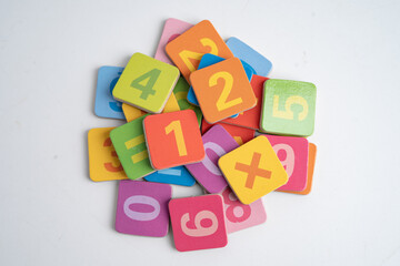 Number wood block cubes for learning Mathematic, education math.