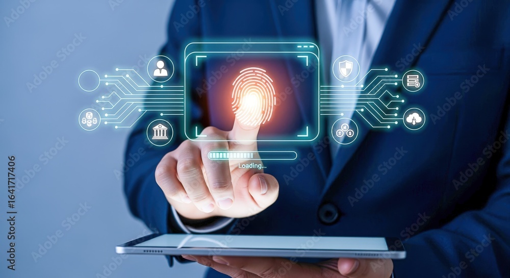 Poster secure biometric authentication: businessman verifying identity with fingerprint scan on tablet, enh