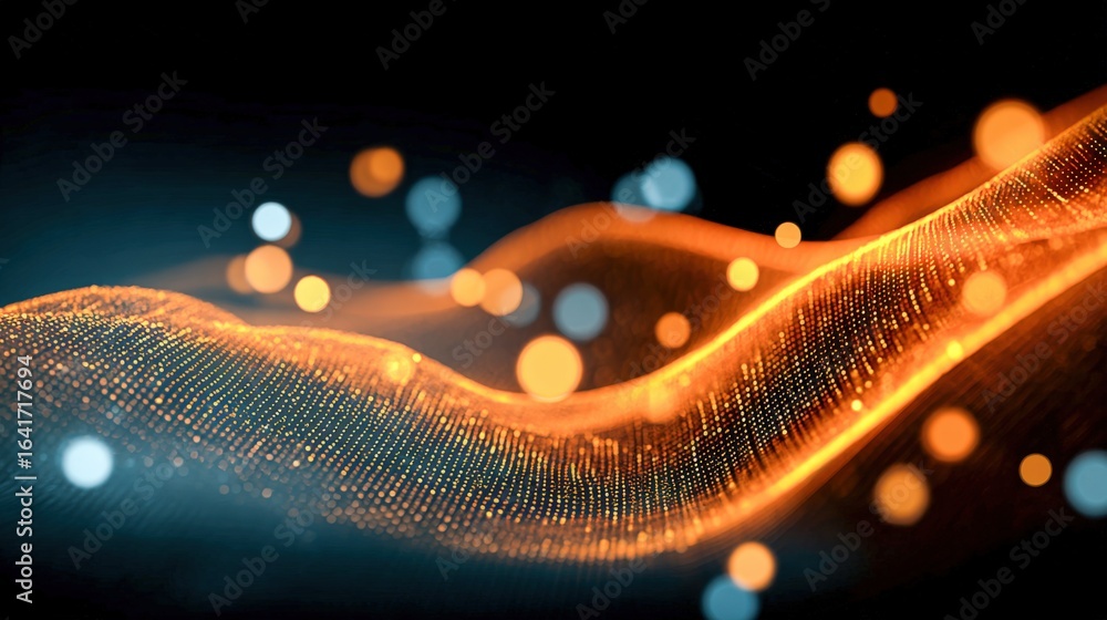 Poster dynamic golden wave background with bokeh lights: abstract technology and futuristic design concept