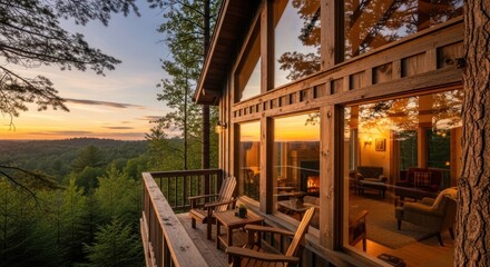 Sunset view from a secluded mountain cabin's deck, showcasing expansive forest and ocean vistas.