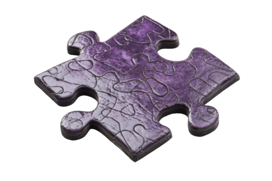 Single purple textured puzzle piece isolated on transparent background. Textured purple puzzle piece with a matte surface isolated on white background.