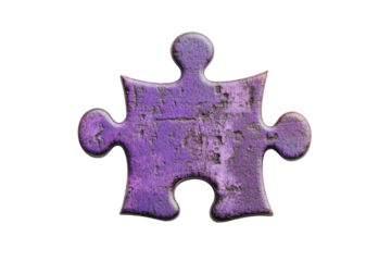 Single purple textured puzzle piece isolated on transparent background. Textured purple puzzle piece with a matte surface isolated on white background.