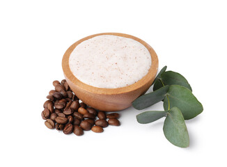 Natural body scrub in bowl, coffee beans and eucalyptus branch isolated on white