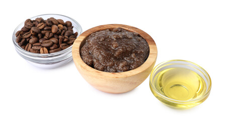 Natural body scrub, coffee beans and oil isolated on white