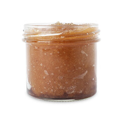 Natural body scrub in glass jar isolated on white