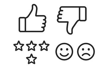 Feedback Icon Set Outline. Customer Review and Satisfaction Line Icons Including Thumbs Up, Thumbs Down, Star Rating, Smiley Face, Frowning Expression, User Feedback Vector Illustration