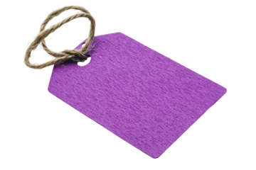 Purple textured gift tag with string isolated on transparent background. Vibrant purple tag with a string ideal for labeling gifts or products in a stylish way isolated on white background.