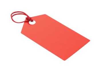 Bright red rectangular tag with string isolated on transparent background. Vibrant red tag featuring a smooth surface isolated on white background.