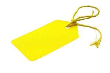 Blank yellow price tag with rope isolated on transparent background. Vibrant yellow price tag with a string perfect for labeling products isolated on white background.