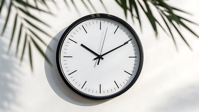 Elegant Minimalist Clock on White Wall with Tropical Leaf Shadows Casting a Natural Light Time Management Concept