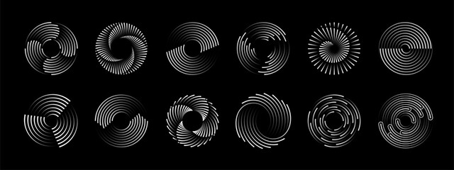 Plakat Line round spiral circular shapes, abstract speed swirl movement vector graphic elements. Abstract modern dynamic motion geometric shapes with spiral line pattern. White outline swirls and circles set