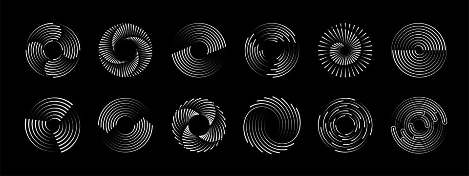 Line round spiral circular shapes, abstract speed swirl movement vector graphic elements. Abstract modern dynamic motion geometric shapes with spiral line pattern. White outline swirls and circles set
