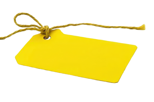 Blank yellow price tag with rope isolated on transparent background. Vibrant yellow price tag with a string perfect for labeling products isolated on white background.