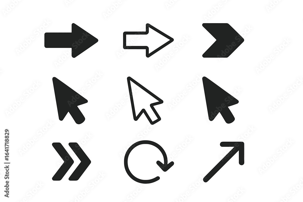Poster collection of arrow icons and computer cursors for web design interface. vector illustration of navi