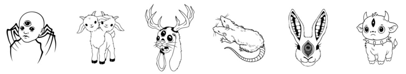 humanoid creature with spider arms, small horned calf, deer skull-headed animal, curled sleeping cat, rabbit with long ears, small round-headed calf. Set of fantasy animals with horns, elongated ears