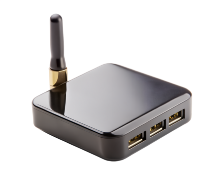 Black wireless router with antenna and usb ports, isolated on transparent background