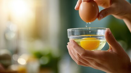Woman's hands cracking a brown egg into a glass bowl with yolk and egg white visible Egg drips from shell
