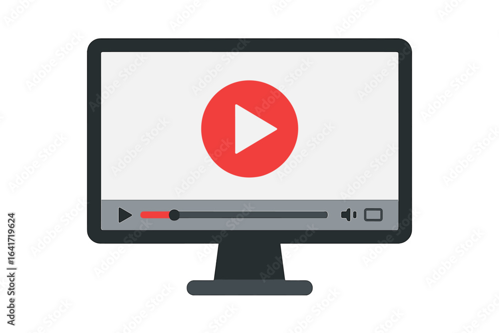 Poster vector illustration of computer monitor displaying online video player, play button, streaming inter
