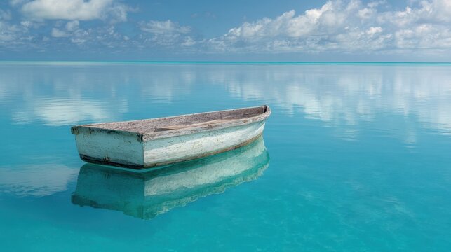 The serene boat floating peacefully on crystal-clear turquoise waters. - Powered by Adobe