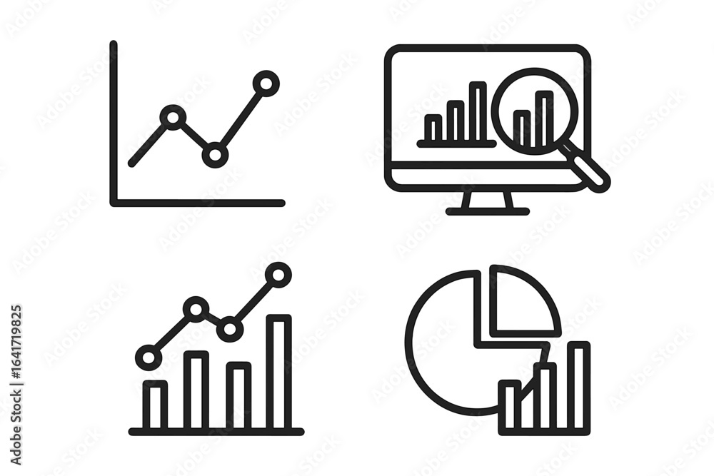 Poster data analysis icons set of 4 line style vector graphics for web and mobile apps, including graphs, t