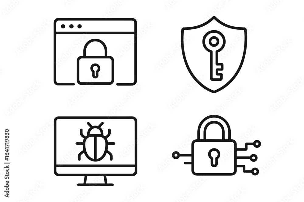Poster cyber security icons set. web protection symbols. computer bug, digital padlock, shield with key. in