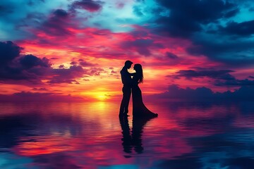 Couple silhouetted against a vibrant sunset over the ocean