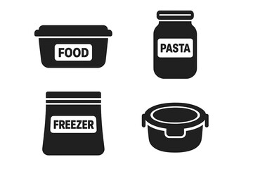 Food storage vector icon set. Solid glyphs of labeled containers, pasta jar, freezer bag, and airtight lunch box. Meal prep, kitchen organization, and food preservation concept.