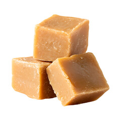 Three cubes of creamy caramel candy isolated sweet treat delicious confectionery