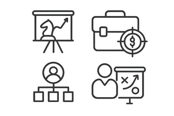 Business strategy line icons set, vector illustration. Corporate planning presentation, finance management, leadership hierarchy, business solution strategy, organization, teamwork concepts