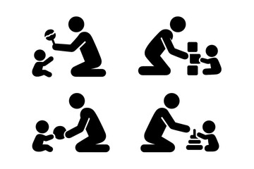 Father Playing with Baby Toys Icons, Solid Filled Vector Set of Dad and Child Interaction with Baby Rattle, Building Blocks, Soft Ball, and Stacking Rings, Transparent Background