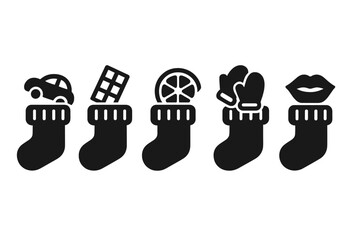 Festive Stocking Fillers Icons Set with Toy Car, Chocolate Bar, Orange Slice, Mittens, and Lips, Solid Filled Holiday Symbols, Christmas Gift Vector Illustrations