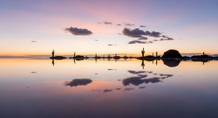 Surreal Sunset Reflection: Silhouetted Cacti Mirrored in Calm Bolivian Salt Flat Waters