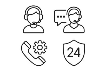 Customer service and support icons set, headset operators, phone assistance, technical support gear, 24-hour shield symbol, line style vector illustration on transparent background