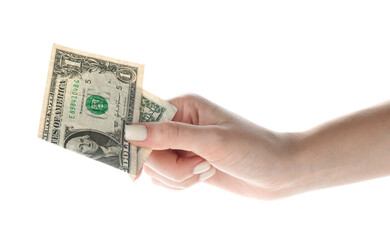 Woman with dollar banknote on white background, closeup